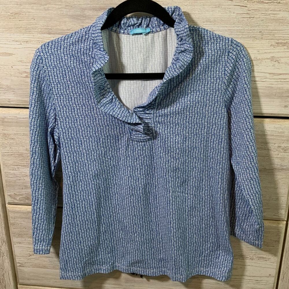 J.McLaughlin Durham Top M Blue White Ruffle Collar Golf Pickleball